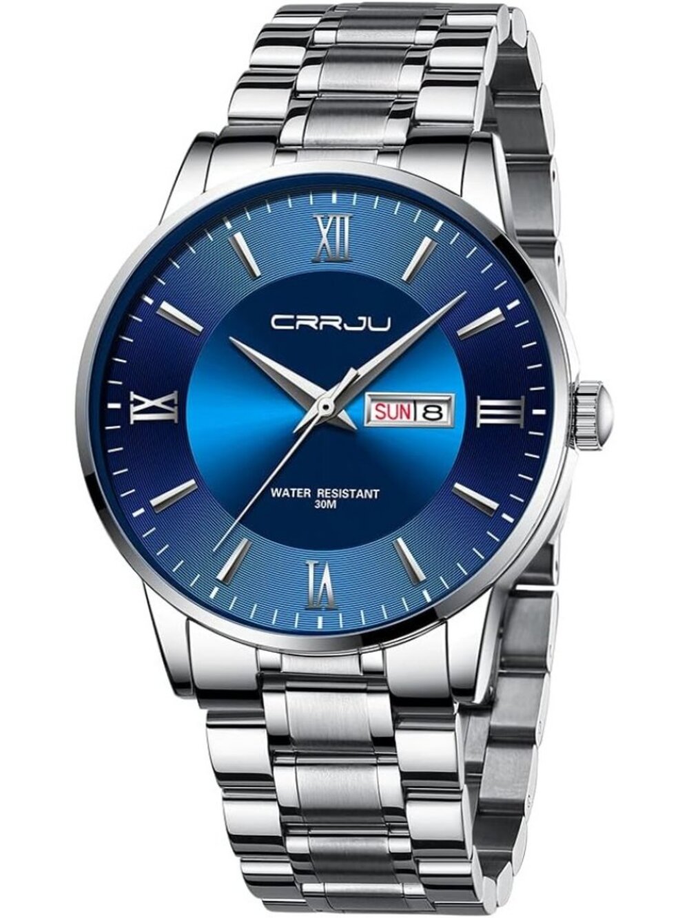 Men's Silver Blue Luxury Stainless Steel Chronograph Analog Quartz Round Watch